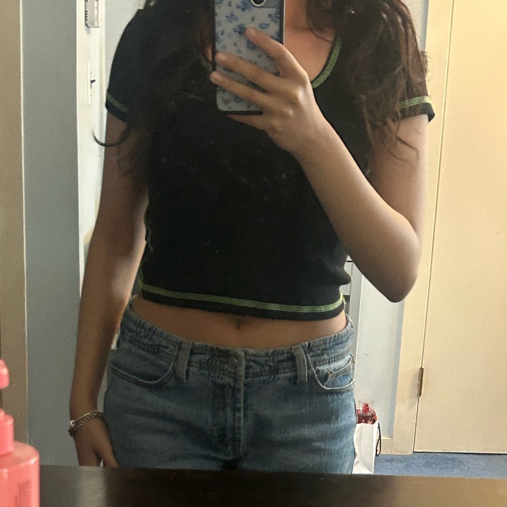 Brandy Melville Black Crop Top with Green Stripe